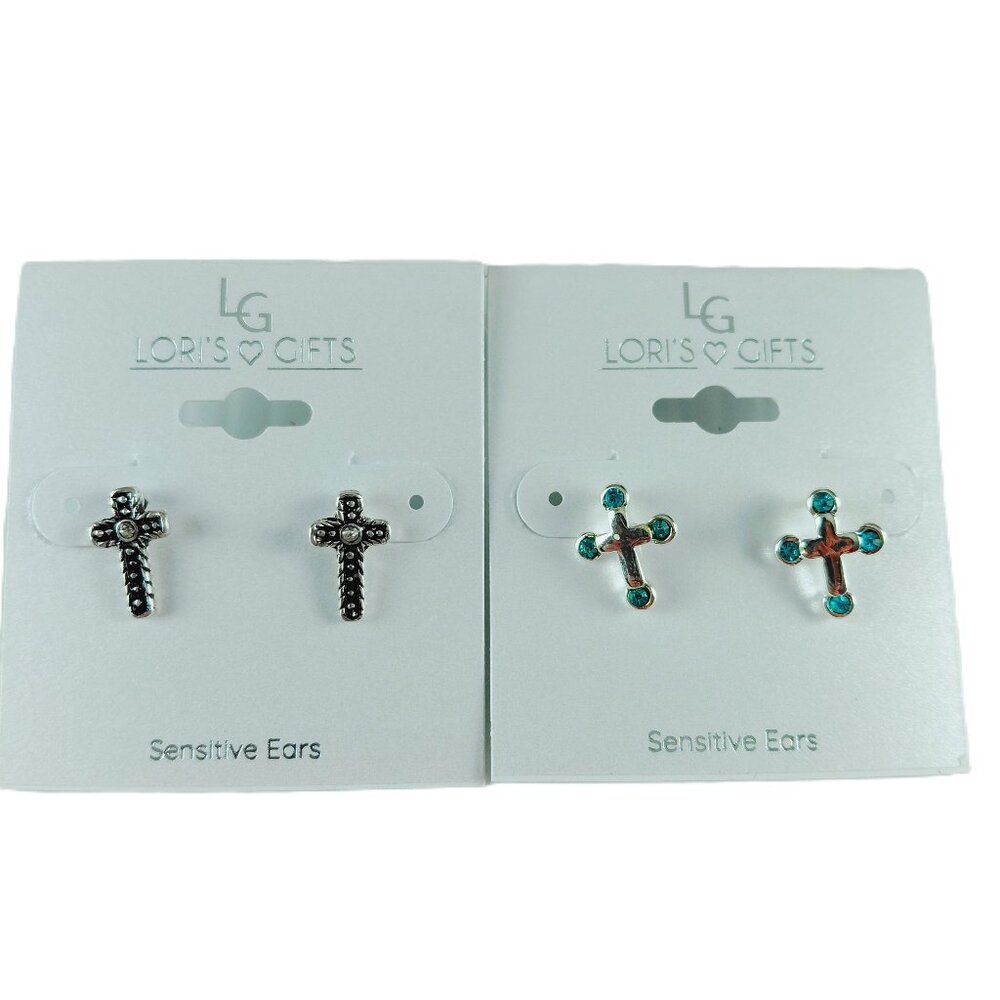 Lori's Gifts Silver Tone Cross Stud Earrings Bundle Blue Crystal Fashion Jewelry